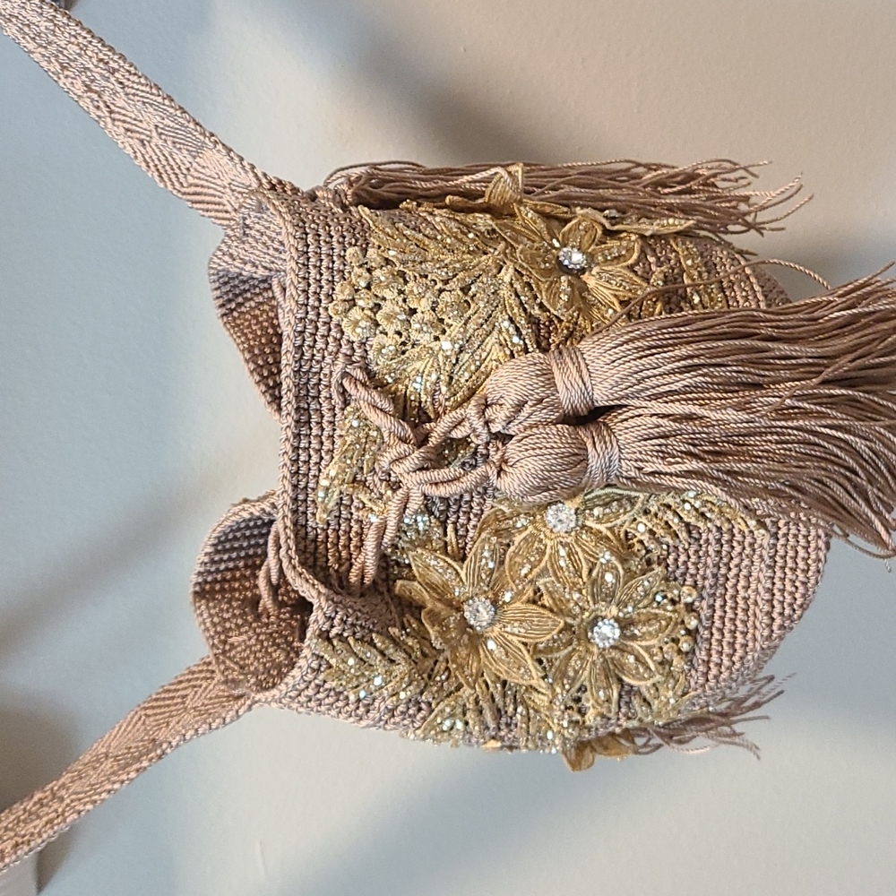 Crossbody wayuu style handmade bag tan with gold embroidery